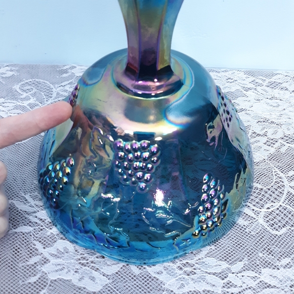 Indiana Blue Iridescent Carnival Glass Pedestal Compote Harvest Grape Purple Lid - Picture 4 of 16